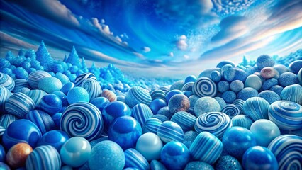 Panoramic Blue Candy Landscape: Sweet Treats & Vibrant Colors