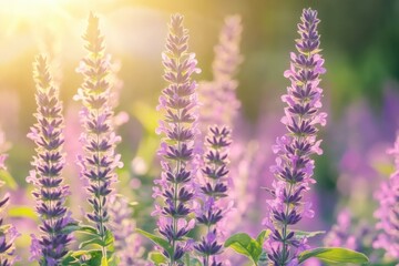 Obraz premium Vibrant purple flowers basking in golden sunlight in a serene field during a tranquil morning