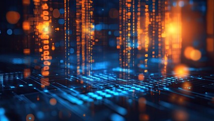 Abstract digital landscape of flowing code