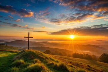 Obraz premium Panoramic Faith Clipart: Peaceful Sunrise Over Rolling Hills, Cross Silhouette
