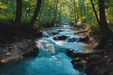 Fototapeta premium A tranquil forest stream flows gently under the warm sunlight in a lush green wilderness