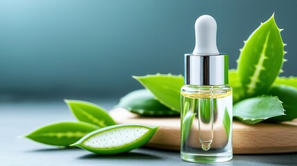 Aloe vera gel hydrating skin. Aloe vera serum with leaves on a wooden surface.