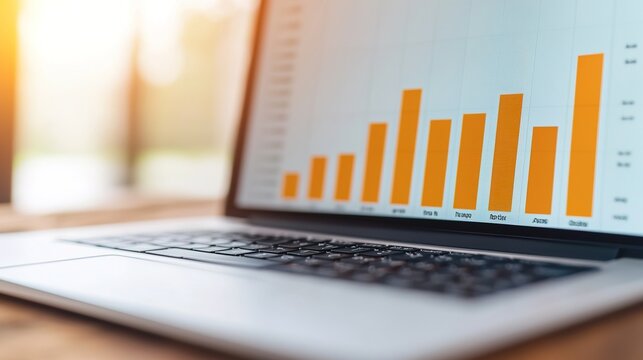 Financial Analysis Chart with Orange Bars Displayed on Laptop Screen in Bright Environment