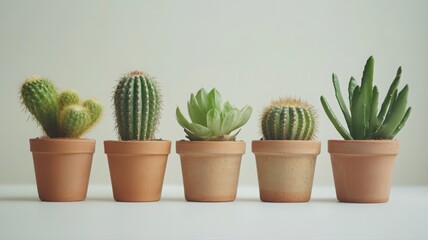 Fototapeta premium Five Succulents in Terracotta Pots on White Background