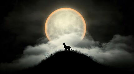 Fototapeta premium Haunting Black Cat Silhouette Against Full Moon and Spooky Clouds for Halloween Design