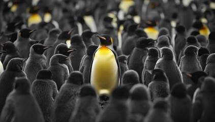 Obraz premium a vibrant emperor penguin stands out amidst a monochrome crowd of its kin in a striking composition