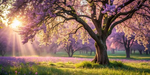Panoramic Spring Landscape: Majestic Tree in Full Bloom with Purple and White Blossoms