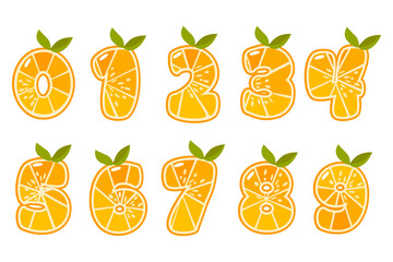 Orange fruit numbers. Citrus numbers. Numbers, figures 0-9. Numbers cake toppers, education cards, stickers, typography print for your design