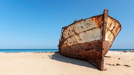 Weathered Shipwreck on Sandy Beach with Rust and Patina Under Clear Blue Sky