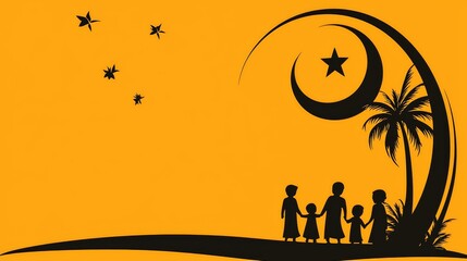 Family gathering under a crescent moon beachside evening graphic art tropical vibe