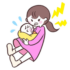 泣いている赤ちゃんを抱っこしてイライラするするママのイラスト