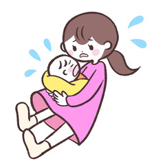 泣いている赤ちゃんを抱っこして困っているママのイラスト