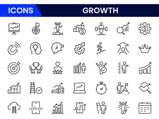 Growth line icons collection. Big UI icon set in a flat design. Thin outline icons pack. Vector illustration