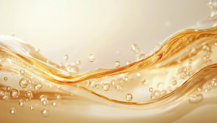 Golden liquid flowing with bubbles, abstract background.