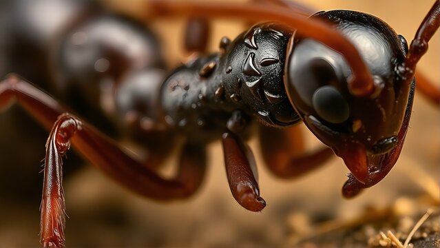 Generative A.I. creates an ultra-detailed macro image of a black ant, highlighting its glossy exoskeleton, textured body, and intricate features with stunning clarity and depth