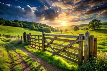 Fototapeta premium Panoramic View of Rustic Wooden Fence Gate Designs in a Lush Green Landscape