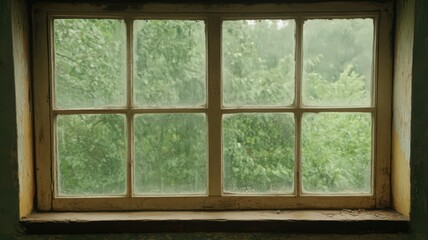 Weathered Window with Rain Streaks and Lush Green Foliage