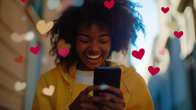 Young woman laughing while using a smartphone with floating heart reactions