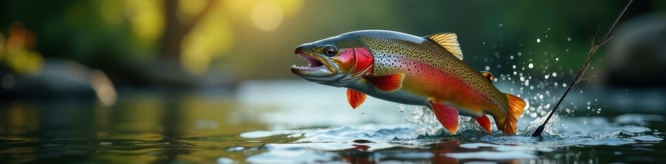 Angler's rod bends sharply, large trout leaps from water , sport, nature