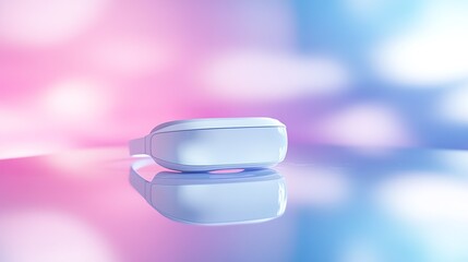 White virtual reality glasses on a mirrored surface against a background of blurred blue pink and purple background