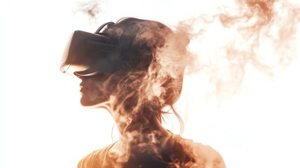 Woman exploring VR, digital smoke, white background, tech concept