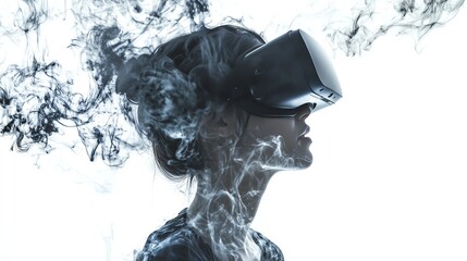 Woman exploring VR, digital smoke, white background, tech concept