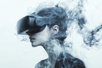 Fototapeta premium Woman exploring VR, digital smoke, white background, tech concept