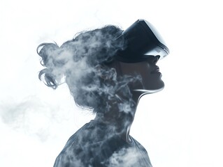 Woman exploring VR, digital smoke, white background, tech concept