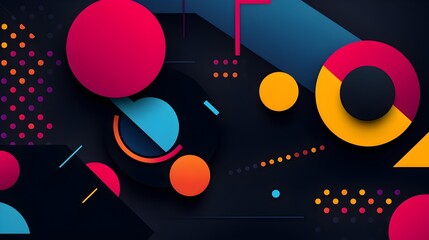 A vibrant explosion of color and geometric shapes dancing across a dark canvas, creating a dynamic and energetic abstract design with bold hues and layered circles.