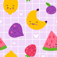 Cute fruits with faces pattern. Seamless vector print with cartoon fruits for kids.