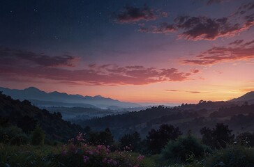 Naklejka premium stunning twilight sky with a gradient of deep blue at the top fading into blue pinks and purples. tranquil atmosphere of the evening.