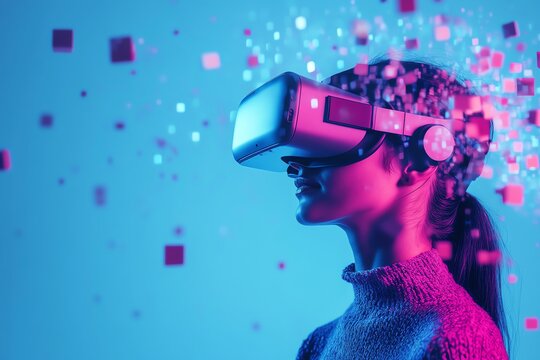 Woman in vr headset, blocks in cyberspace, virtual reality Copy space