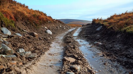 Muddy mountain track winding through rugged terrain