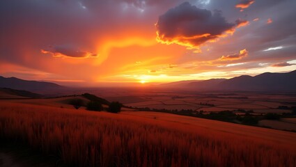 Fototapeta premium Hilltop Sunset Over Valley with Dramatic Sky