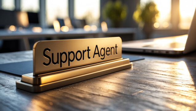 a sleek, modern Support Agent nameplate sign in bold, professional lettering rests on a polished wooden office desk