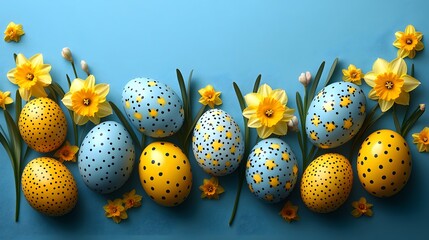 Colorful Patterned Easter Eggs on a Green Background dot patterns, creating a festive and cheerful atmosphere.