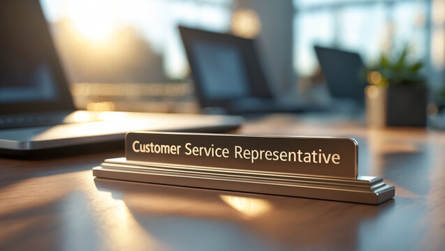 a sleek, modern Customer Service Representative nameplate sign in bold, professional lettering rests on a polished wooden office desk