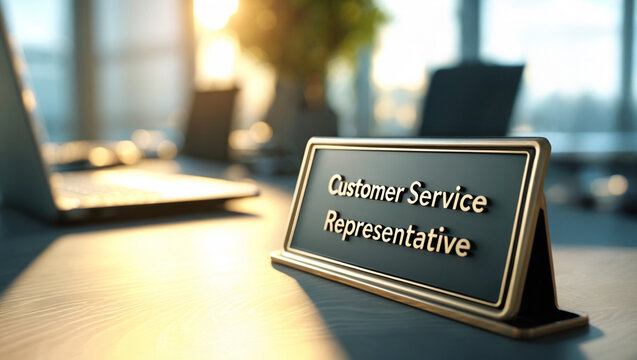 a sleek, modern Customer Service Representative nameplate sign in bold, professional lettering rests on a polished wooden office desk