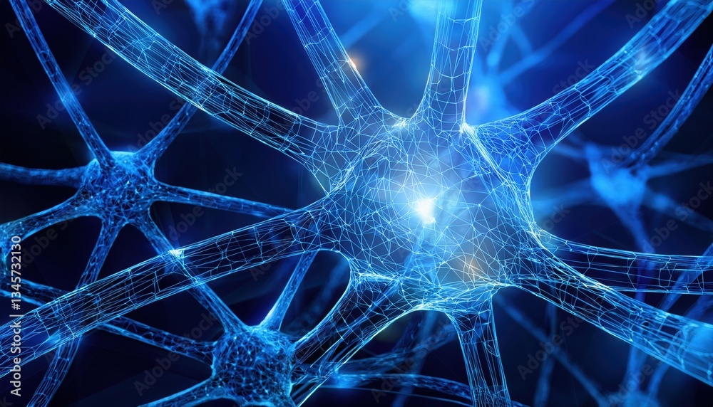Poster closeup view of interconnected blue neurons with luminous circuits representing neural networks