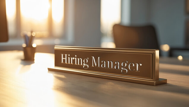 a sleek, modern Hiring Manager nameplate sign in bold, professional lettering rests on a polished wooden office desk