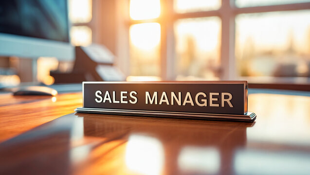 a sleek, modern Sales Manager nameplate sign in bold, professional lettering rests on a polished wooden office desk