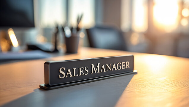 a sleek, modern Sales Manager nameplate sign in bold, professional lettering rests on a polished wooden office desk