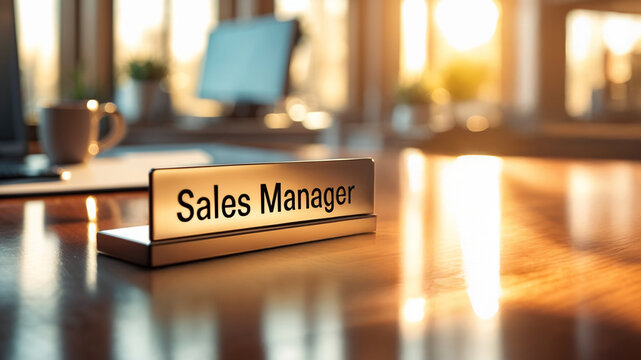 a sleek, modern Sales Manager nameplate sign in bold, professional lettering rests on a polished wooden office desk