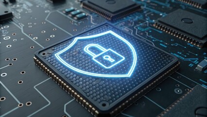 Close-up of computer chip with glowing blue light symbolizing advanced cybersecurity innovations