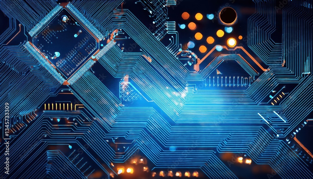 Poster intricate circuitry design featuring glowing lights in a dynamic ai powered automation environment