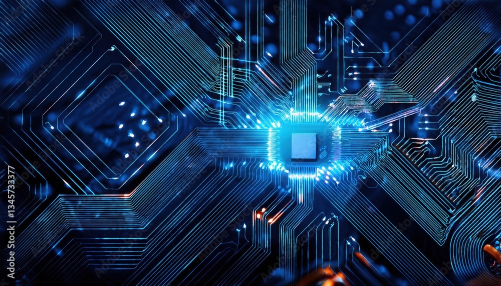Poster detailed computer circuitry with a bright glowing blue light in a dynamic ai automation setting