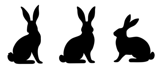 Silhouette of bunny in three actions isolated on white background.