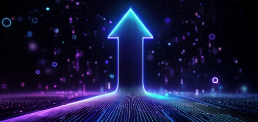 3d illustration neon arrows on dark background. Blue and purple abstract neon arrows tech graphic design. Colorful  glowing neon arrow pointing upward against a dark background. 