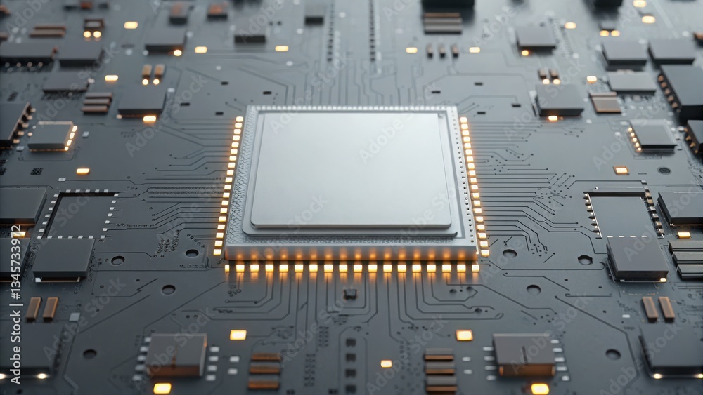 Poster close-up view of a computer chip showcasing advanced ai powered automation technology and design