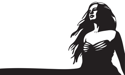 Shadow silhouette of beautiful woman. Hand drawn vector art. 